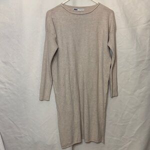 ZARA Beige Knit Sweater Dress XL Minimalist Long Sleeve Midi